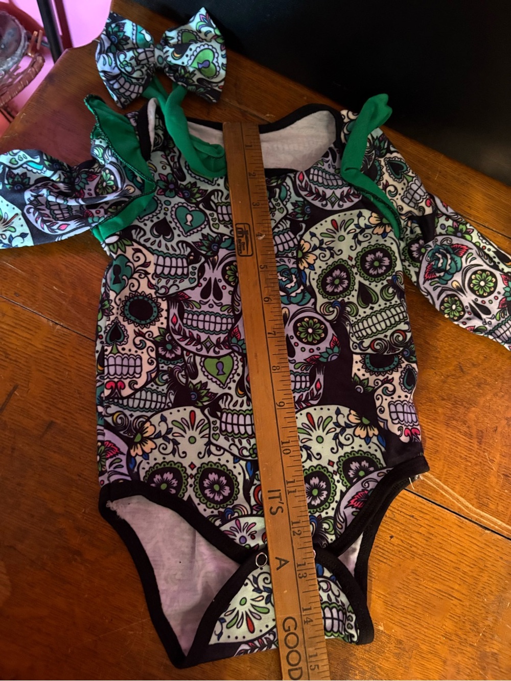 Girls' Sugar Skull One-Piece Bodysuit with Green Trim